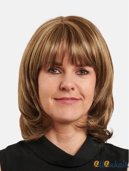 With Bangs Shoulder Length 100% Hand-Tied Blonde Straight 14 inch Human Hair Wig