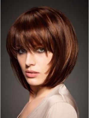 Auburn Bob Wig Human Hair Wig With Bangs Chin Length 10 Inch