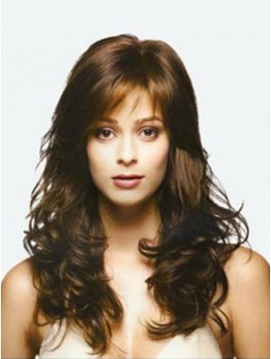 Brown Long Top Wavy With Bangs Human Hair Lace Wigs