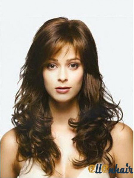 Brown Long Top Wavy With Bangs Human Hair Lace Wigs