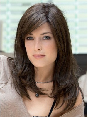 Human Hair Lace Front Wig With Bangs Brown Color Long Length
