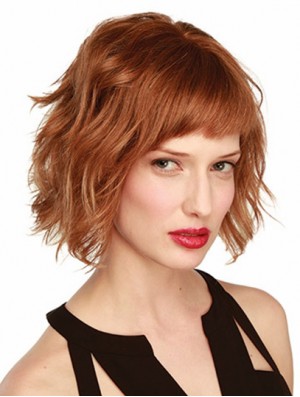 Human Hair Wavy Bob Wig Chin Length Monofilament Wavy Style Auburn