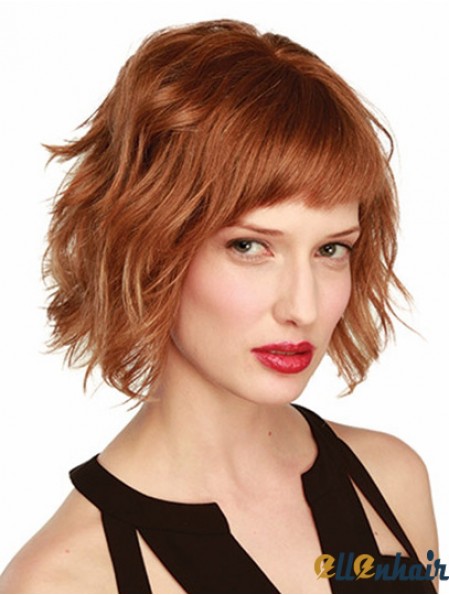 Human Hair Wavy Bob Wig Chin Length Monofilament Wavy Style Auburn