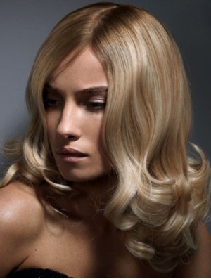 14 inch Blonde Shoulder Length Wig Without Bangs Wavy Human Hair Lace Wigs