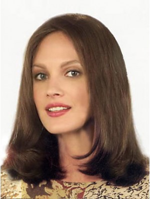 Human Hair Brown Shoulder Length Ideal Straight Without Bangs Lace Wigs