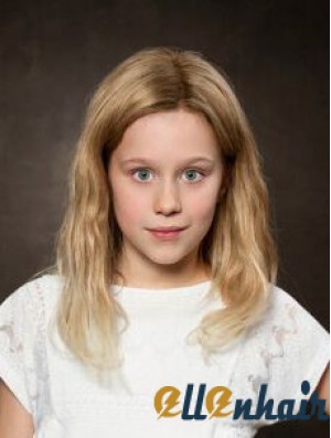 Lace Front 12 inch Wavy Shoulder Length Without Bangs Blonde Remy Human Hair Kids Wigs