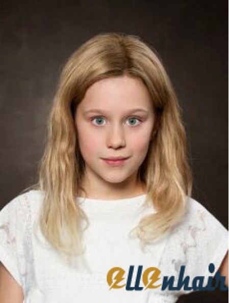 Lace Front 12 inch Wavy Shoulder Length Without Bangs Blonde Remy Human Hair Kids Wigs