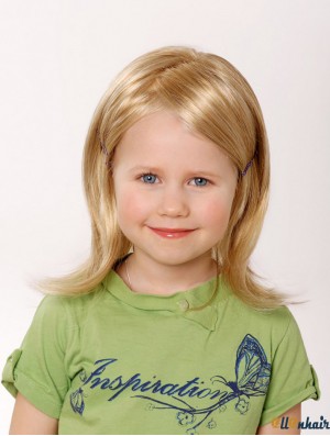 Hand-tied 12 inch Straight Shoulder Length Blonde Human Hair Wigs For Kids