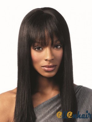 Black Long Wig With Bangs Human Hair African American Straight Wig