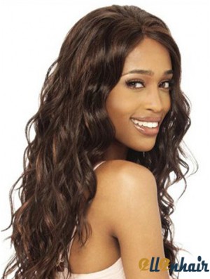 Without Bangs Modern Wavy Brown Long Human Hair Lace Front Wigs