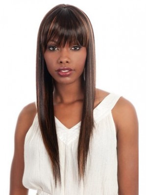 Long Brown Yaki With Bangs Fashionable African American Wigs