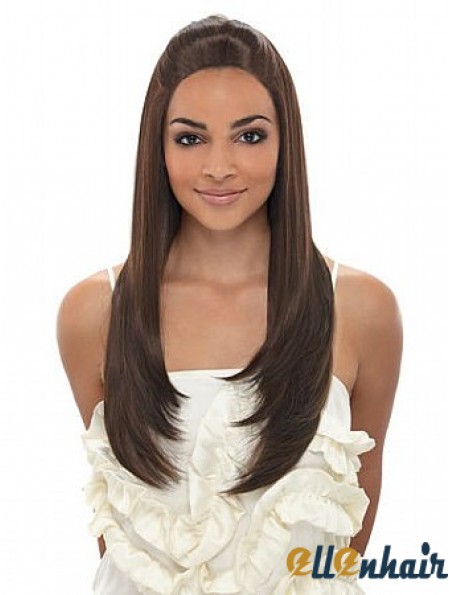 Long Brown Straight Without Bangs Fashionable African American Wigs