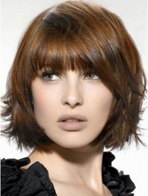 Brown Bob Wig With Bangs Natural Chin Length Synthetic Wig UK