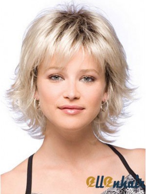Blonde Wig Chin Length Wig With Bangs Cheap Flipped Synthetic Wig UK
