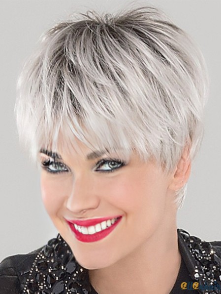 Durable Cropped Straight White 4 inch Lace Cap Wigs