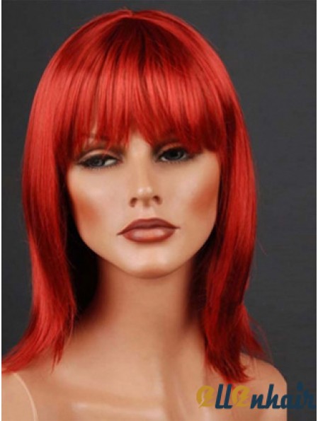 Synthetic Lacefront Wig Monofilament Straight Style Red Color With Bangs