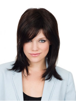 Brown Shoulder Length Straight With Bangs 12 inch Popular Medium Wigs