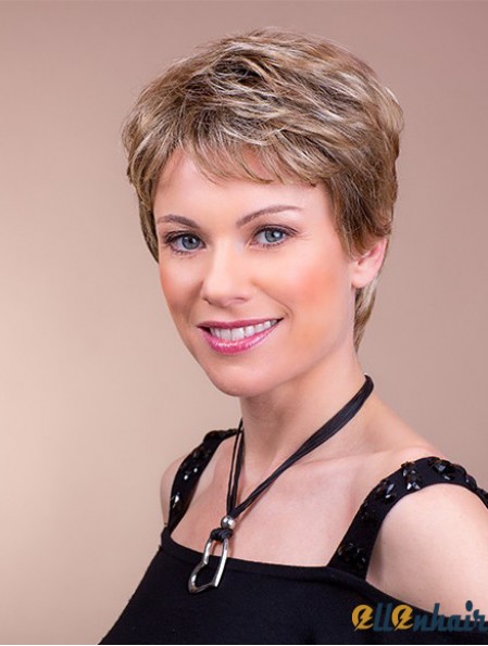Synthetic Monofilament 4 inch Boycuts Straight Brown Ladies Short Wigs