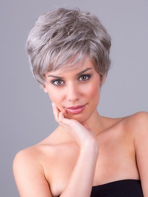 Synthetic Monofilament 8 inch Layered Wavy Grey Wigs Short