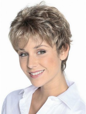 Grey Hair Wigs Short Brown Color Cropped Length Wavy Style
