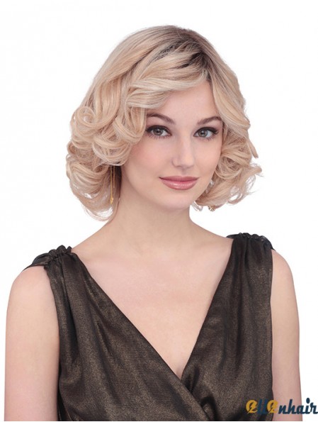 Chin Length Curly With Bangs Fabulous Blonde Lace Front Wigs