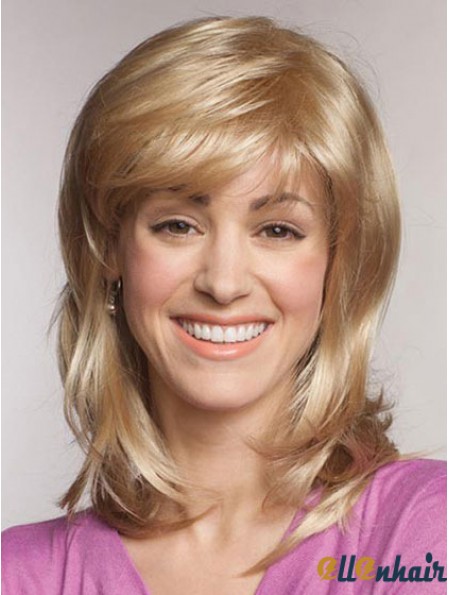 Straight With Bangs Shoulder Length Blonde Popular Lace Front Wigs