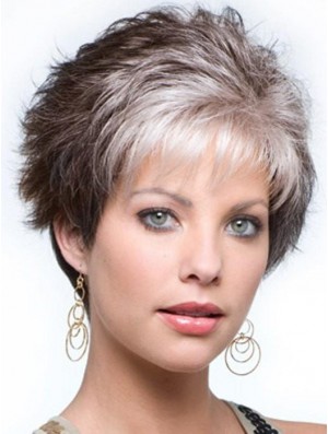 Capless Curly Cropped 4 inch Salt And Pepper Grey Wigs