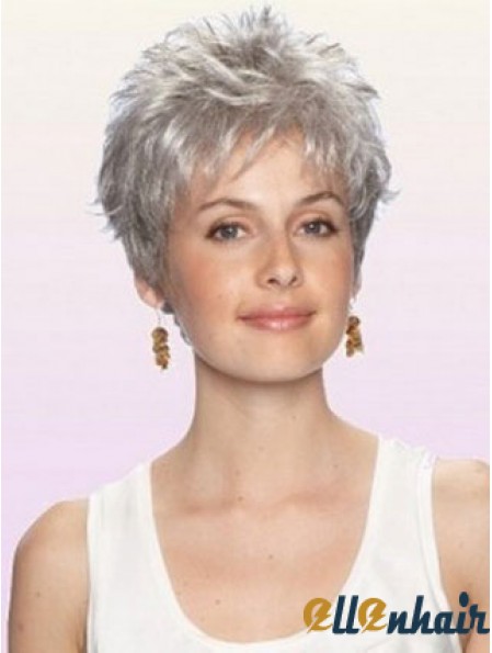 Grey Wig With Capless Cropped Length Boycuts Wavy Style