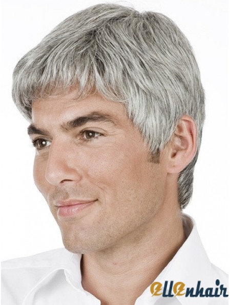 Men Wig Grey Short Remy Human Hair Wig Hand Tied 6 Inch