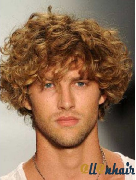 Blonde 8 inch Remy Human Curly Layered Lace Front Mens Wigs
