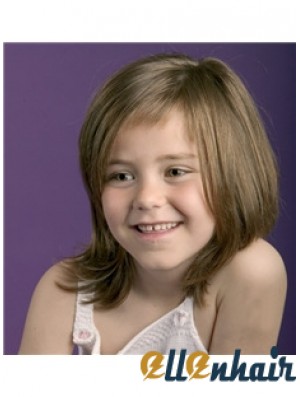 Straight Shoulder Length Brown Remy Human Hair 100% Hand-tied Kids Wigs