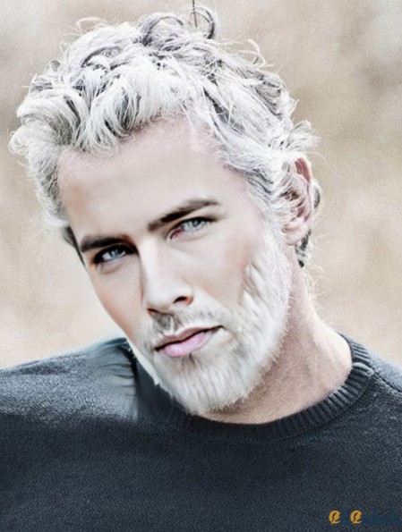 8 inch Remy Human Hair Grey Wavy Short Realistic Wigs Men