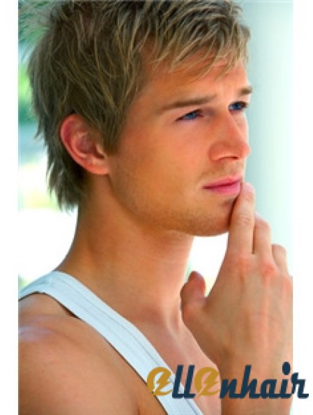 Cropped Straight 100% Hand Tied Brown Mens Wigs Human Hair