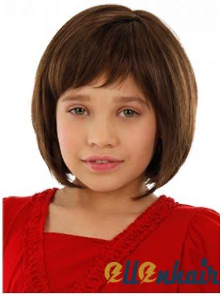 Straight Chin Length Auburn Remy Human Hair 100% Hand-tied Kids Wigs