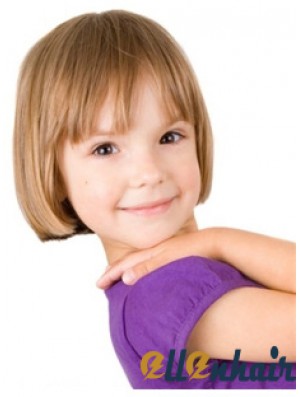 Straight Short Blonde Remy Human Hair 100% Hand-tied Kids Wigs