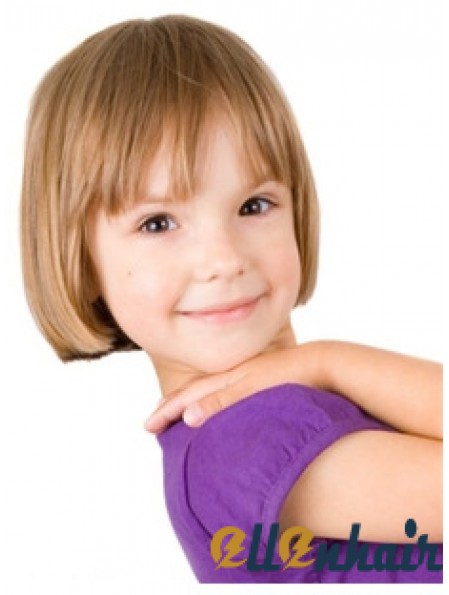 Straight Short Blonde Remy Human Hair 100% Hand-tied Kids Wigs