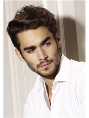 Cropped Remy Human 100% Hand Tied Straight Brown Natural Hair Wigs For Men