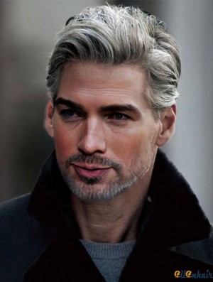 6 inch Straight Short 100% Hand Tied Mens White Wig