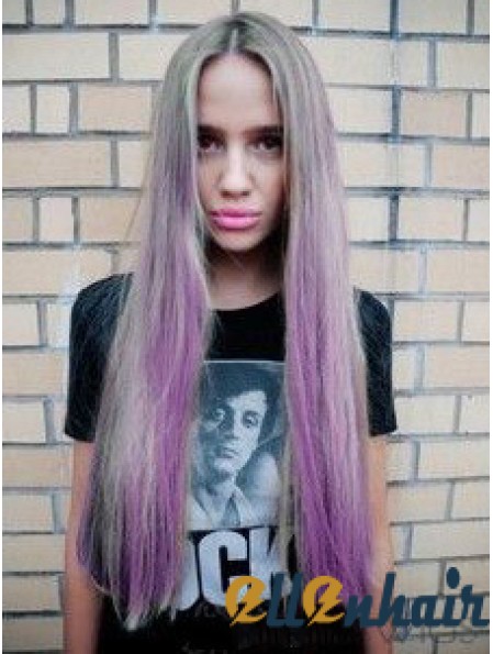 Fashionable Ombre/2 Tone Long Straight Without Bangs 28 inch Human Lace Wigs