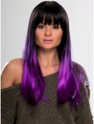 Sassy Ombre/2 Tone Long Straight With Bangs 22 inch Human Lace Wigs