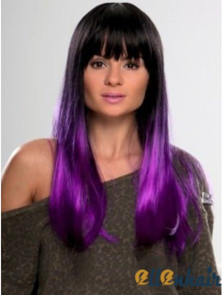 Sassy Ombre/2 Tone Long Straight With Bangs 22 inch Human Lace Wigs