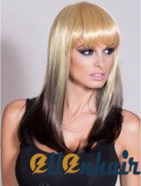 Affordable Ombre/2 Tone Long Straight With Bangs 20 inch Human Lace Wigs
