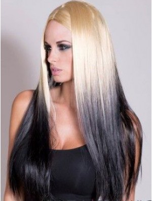 Suitable Ombre/2 Tone Long Straight Without Bangs 22 inch Human Lace Wigs