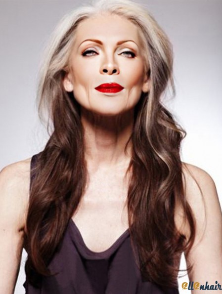 Wavy Full Lace 22 inch Suitable Long Human Hair Grey Wigs